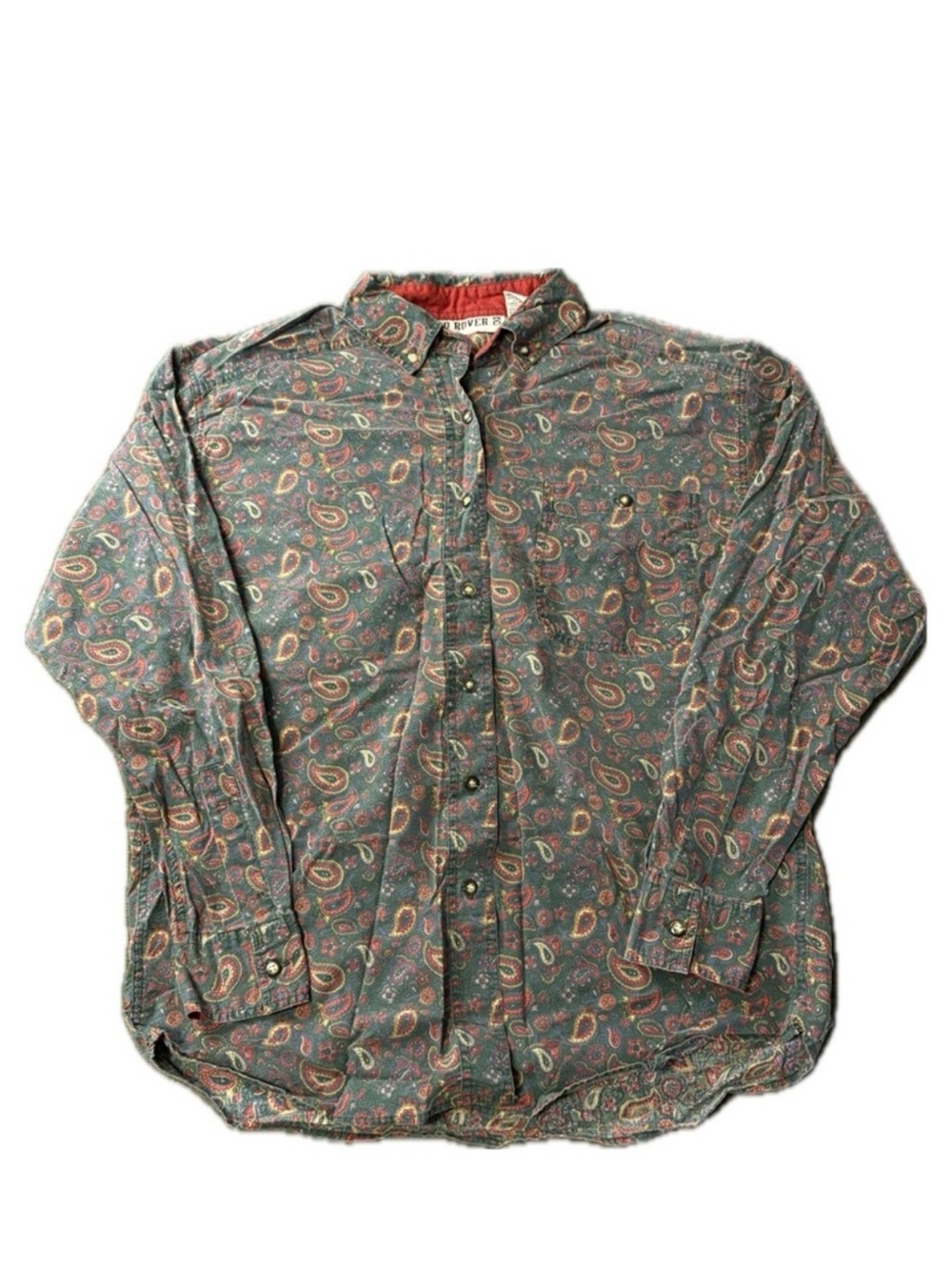 Vintage Green Paisley Button-Down Shirt with Red and Tan Accents
